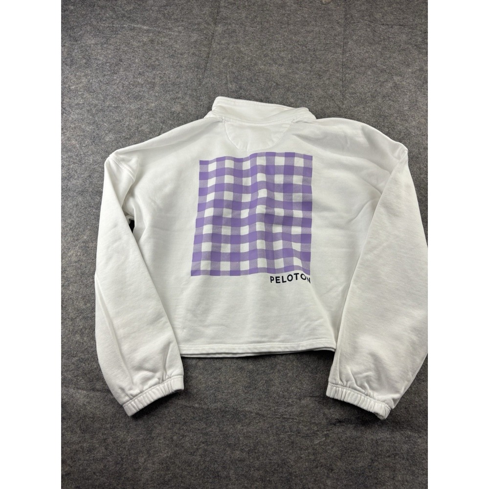 Peloton Womens Cropped Sweatshirt White Purple Gingham Polo Collar Size M